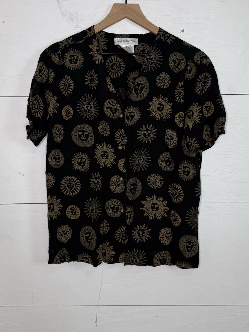Jones New York • Black Short Sleeve Button-Down with Gold Sunburst Motif Size 16